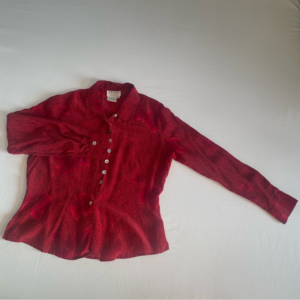 Vintage red autumn leaves silk button down blouse